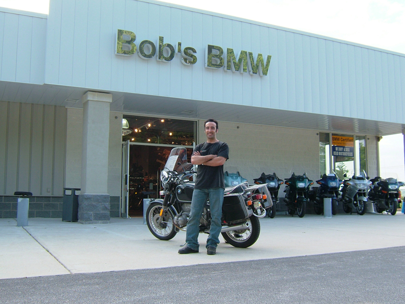 The faithful R90/6 and I at Bob’s BMW in Gessup, MD, on the way down to Baltimore.