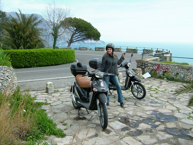 Ready to travel Italy’s fabled Amalfi Coast from Sorrento to Salerno, via rented black Piaggios!