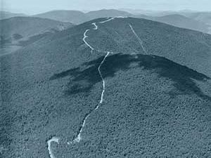 Aerial press shot of Skyline Drive on Mount Equinox, which climbs 5.2 miles up to 3,848 feet high!